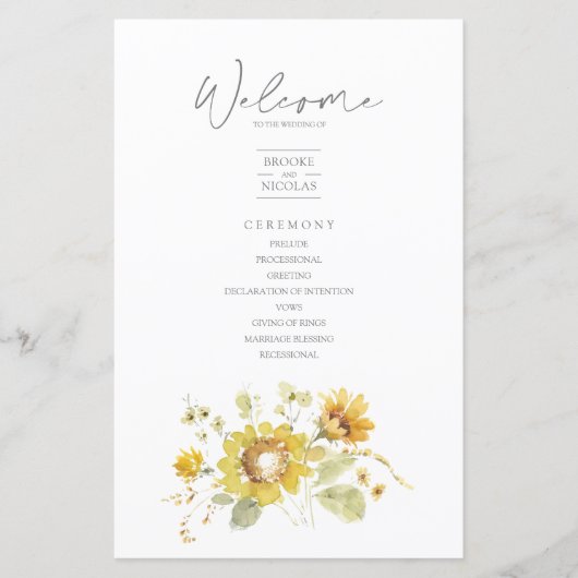 Sunflower Yellow Rustic Wedding Programme (Voorkant)