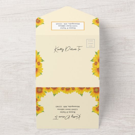 Sunflower Yellow Sinaasappel All in One Wedding In All In One Uitnodiging (Buitenkant)