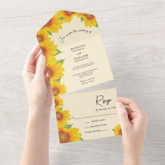 Sunflower Yellow Sinaasappel All in One Wedding In All In One Uitnodiging (Afscheurbaar)