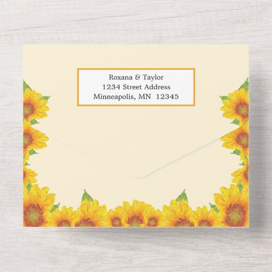 Sunflower Yellow Sinaasappel All in One Wedding In All In One Uitnodiging (Achterkant)