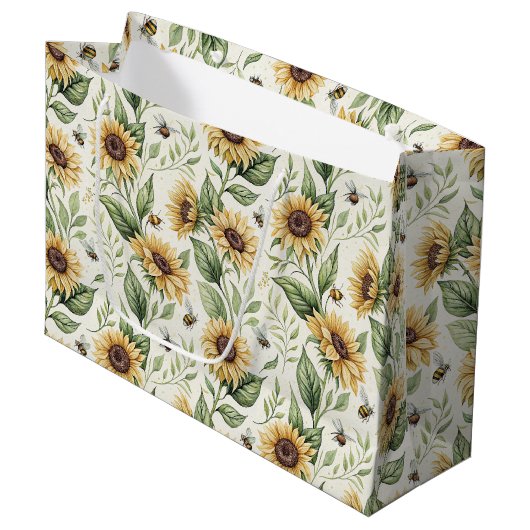 Sunflowers and Bumble Bees Floral Gift Bag Groot Cadeauzakje (Voorkant Gekanteld)