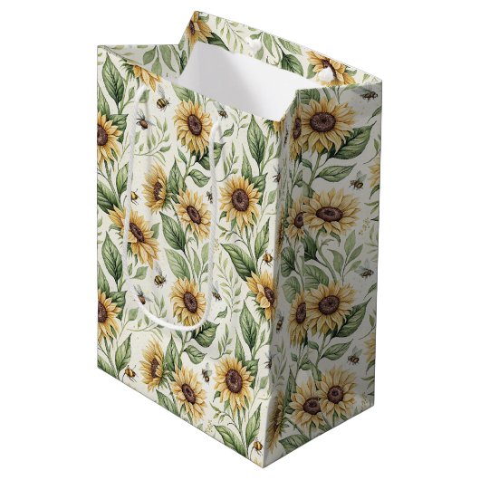 Sunflowers and Bumble Bees Floral Medium Cadeauzakje (Voorkant Gekanteld)