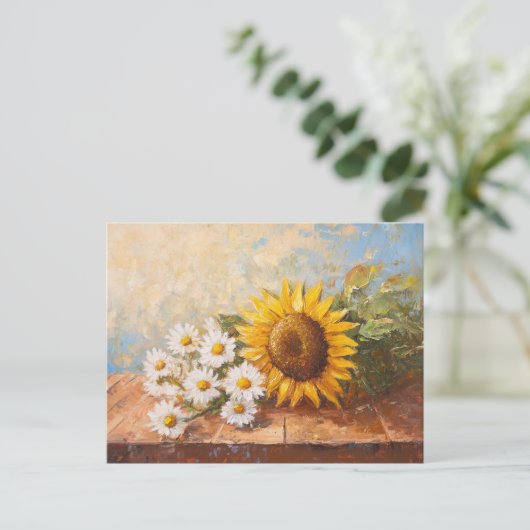 Sunflowers and Daisies on Rustic Table Briefkaart (Staand voorkant)