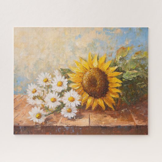 Sunflowers and Daisies on Rustic Table Legpuzzel (Horizontaal)