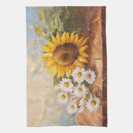 Sunflowers and Daisies on Rustic Table Theedoek (Verticaal)