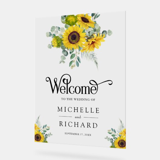 Sunflowers and Eucalyptus Wedding Welcome Acryl Bord (Hoek)