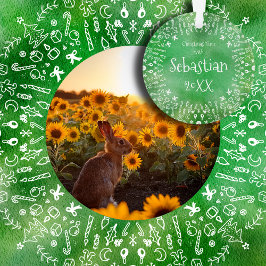 Sunflowers and Rabbit on Green Christmas Ornament