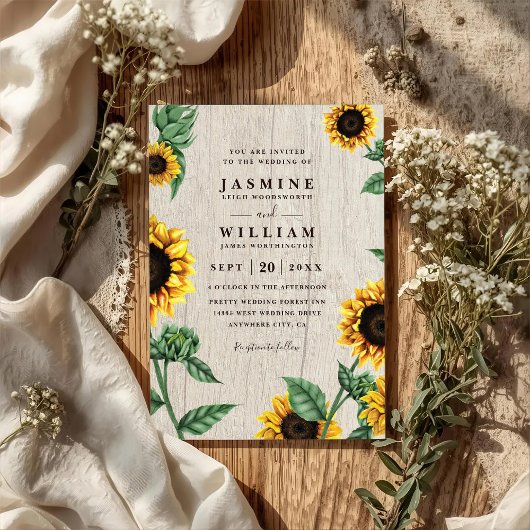 Sunflowers And Wood Rustic Country QR Code Wedding Kaart
