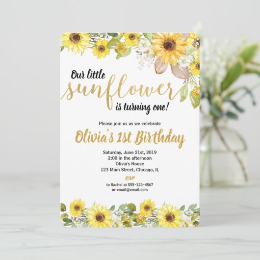 Sunflowers birthday party uitnodiging for girl (Staand voorkant)