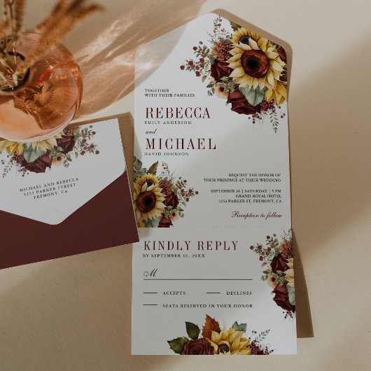  Sunflowers Burgundy Floral Wedding All In One Uitnodiging