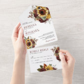  Sunflowers Burgundy Floral Wedding All In One Uitnodiging (Afscheurbaar)
