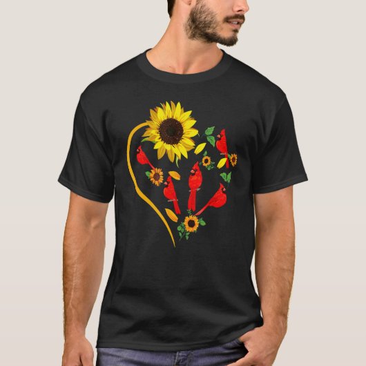 Sunflowers Cardinal Birds Cute Heart Shape Funny B T-shirt (Voorkant)