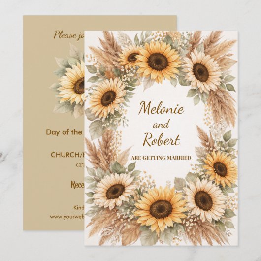 Sunflowers Earthy Boho Wedding Invitation Kaart (Voorkant / Achterkant)