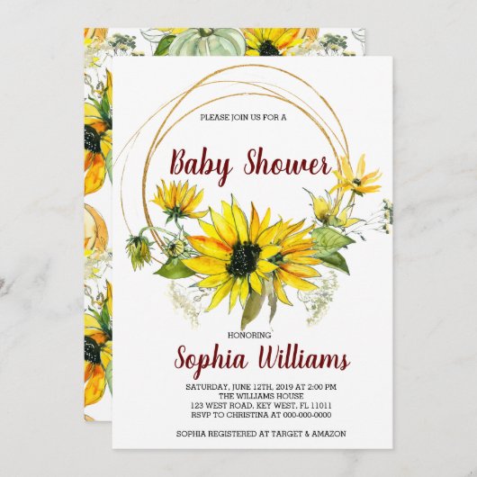 SunFlowers en Boho Baby shower Kaart (Voorkant / Achterkant)