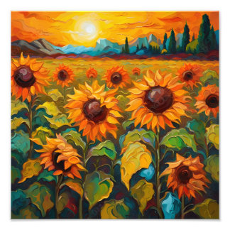 Sunflowers field on sunset foto afdruk