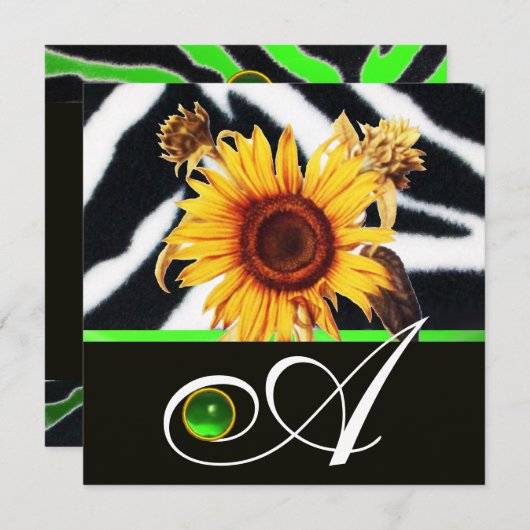 SUNFLOWERS GREEN BLACK WHITE ZEBRA FUR MONOGRAM KAART (Voorkant / Achterkant)