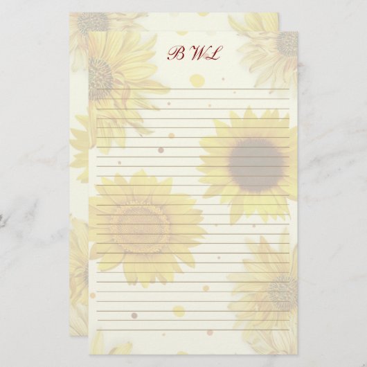 Sunflowers Lined Monogram Writing Paper Briefpapier (Voorkant / Achterkant)
