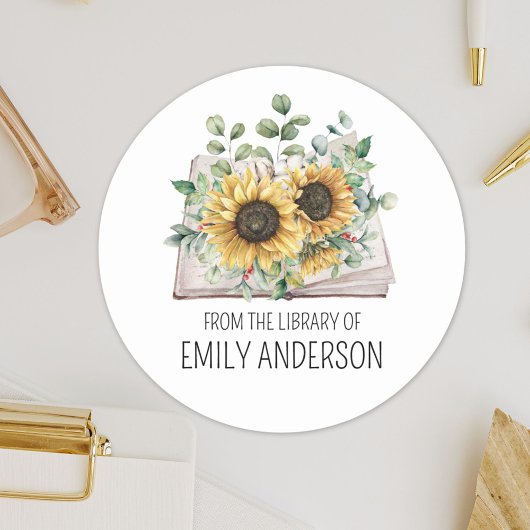 Sunflowers on Book From the Library of Bookplate Ronde Sticker