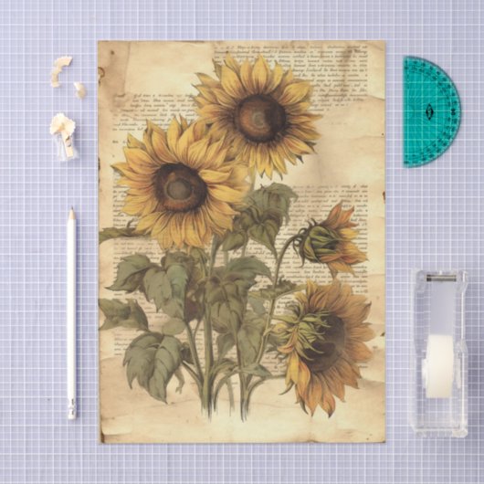 Sunflowers on Worn Style Parchment with Script Tissuepapier (Craft)