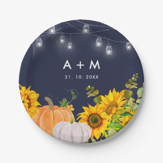 Sunflowers Pumpkins String Light Rustic Wedding Papieren Bordje (Voorkant)