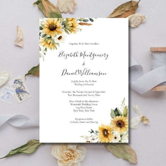 Sunflowers Rustic Farmhouse Elegant Formal Wedding Kaart