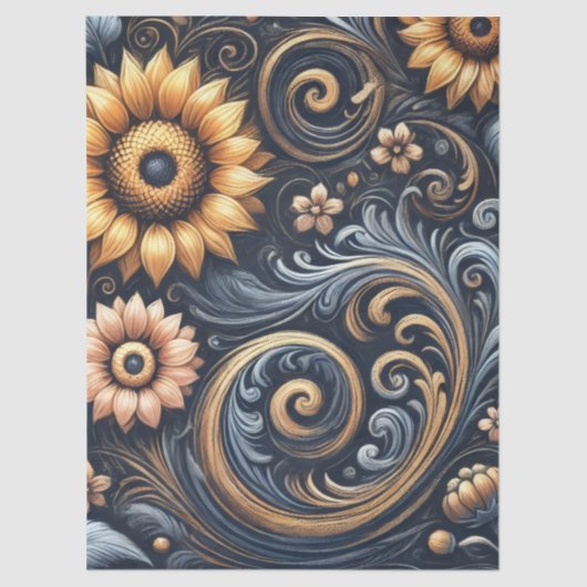 Sunflowers & Swirls Navy Blue Gold Decoupage  Tissuepapier (Voorkant)