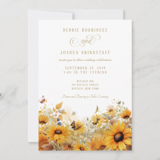 Sunflowers with Butterflies Wedding Invitation  Kaart (Voorkant)
