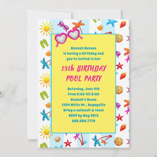 Sunglasses Summer Birthday Pool Party Kaart (Voorkant)