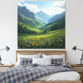 Sunlit Alpine Meadow – Schilderachtig Mountain Can Canvas Afdruk (Insitu (Slaapkamer))
