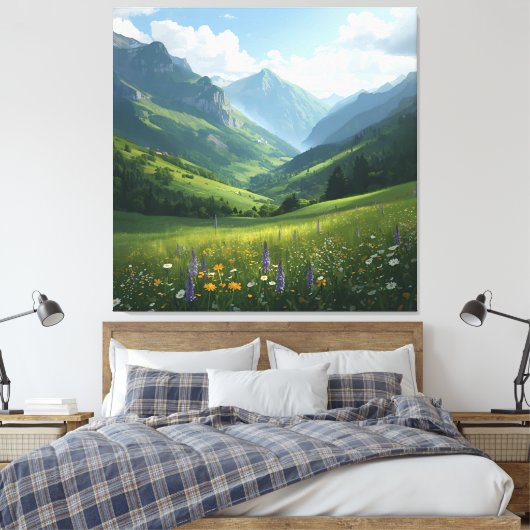 Sunlit Alpine Meadow – Schilderachtig Mountain Can Canvas Afdruk (Insitu (Slaapkamer))
