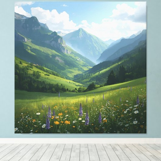 Sunlit Alpine Meadow – Schilderachtig Mountain Can Canvas Afdruk (Insitu (Houten vloer))