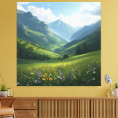 Sunlit Alpine Meadow – Schilderachtig Mountain Can Canvas Afdruk (Insitu (Woonkamer))