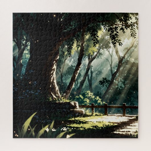 Sunlit anime forest glade legpuzzel (Verticaal)