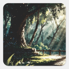 Sunlit anime forest glade vierkante sticker