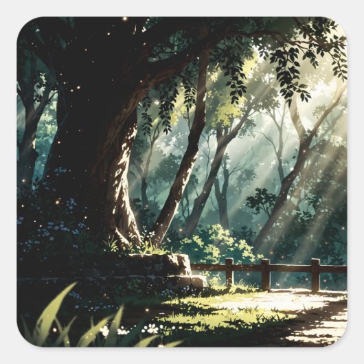 Sunlit anime forest glade vierkante sticker (Voorkant)