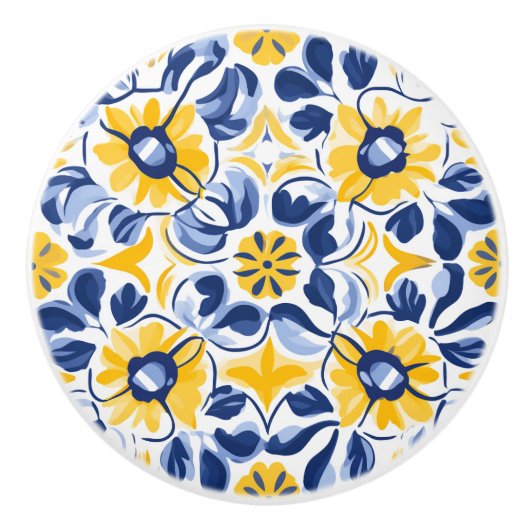 💙💛 Sunlit Blooms Azulejos Keramische Knop (Voorkant)
