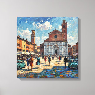 Sunlit Bologna Piazza Scene Canvas Art Afdruk
