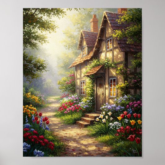 Sunlit Cottage & Flowers | Oil Masterpiece Poster (Voorkant)
