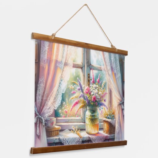 Sunlit Cottage Window Wildflowers Hangend Wandkleed (Gebogen)