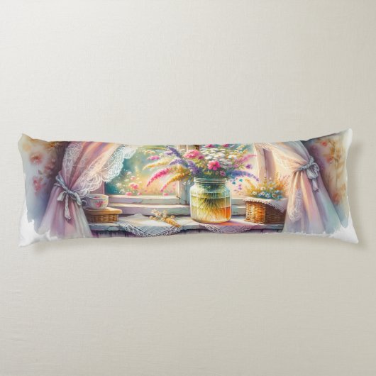 Sunlit Cottage Window Wildflowers Lichaamskussen (Achterkant)