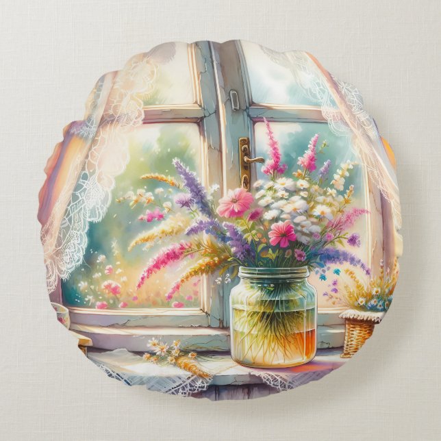 Sunlit Cottage Window Wildflowers Rond Kussen (Voorkant)