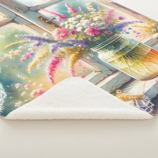 Sunlit Cottage Window Wildflowers Sherpa Deken (3/4)