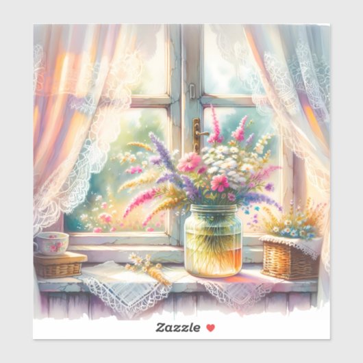 Sunlit Cottage Window Wildflowers Sticker (Vel)