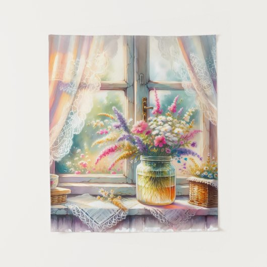 Sunlit Cottage Window Wildflowers Wandkleed (Voorkant)