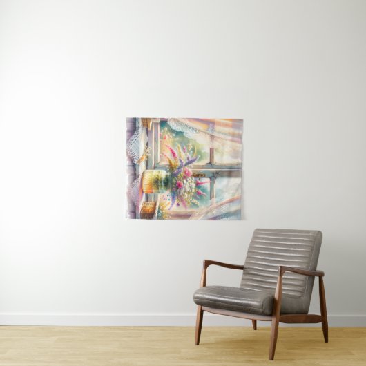 Sunlit Cottage Window Wildflowers Wandkleed (In Situ (horizontaal))