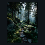 Sunlit Forest Path Through Ancient Pines Poster<br><div class="desc">Golden sunlight pours through towering evergreen canopies, illuminating a winding stone path blanketed in soft moss and scattered rocks. Mist drifts gently among ferns and tree trunks, diffusing the warm rays into a dreamy, almost sacred glow. The composition radiates profound calm, timeless solitude, gentle renewal, the quiet magic of untouched...</div>