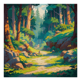 Sunlit Forest Path - Tranquil Woodland Natuur Scen Perfect Poster