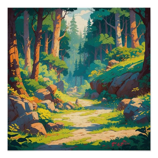 Sunlit Forest Path - Tranquil Woodland Natuur Scen Perfect Poster (Voorkant)