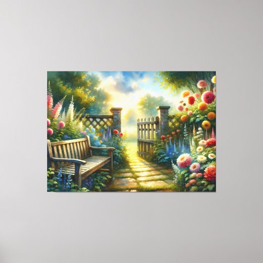 Sunlit Garden Pathway Gate Scene Canvas Afdruk (Voorkant)