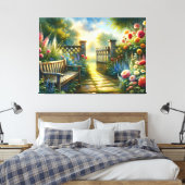 Sunlit Garden Pathway Gate Scene Canvas Afdruk (Insitu (Slaapkamer))